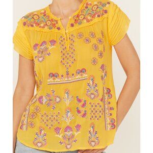 NEW JOHNNY WAS LAFARET Yellow Embroidered Blouse, Short Sleeve, size L